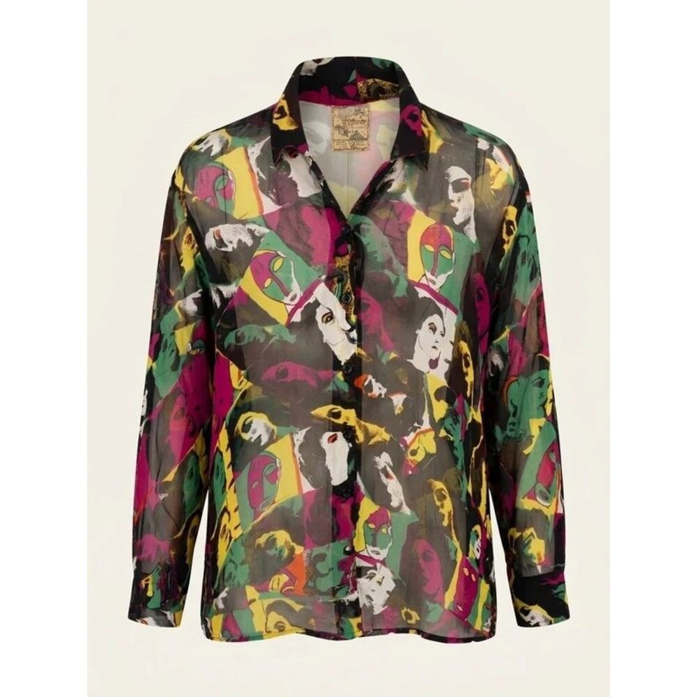 Rare VTG 90s Tramp Sheer Face Print Rayon Button Up Shirt Picasso Art Blouse L